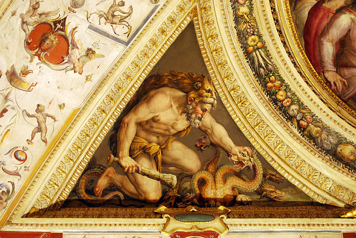 man, dragon, painting, art, ceiling, particular, palazzo