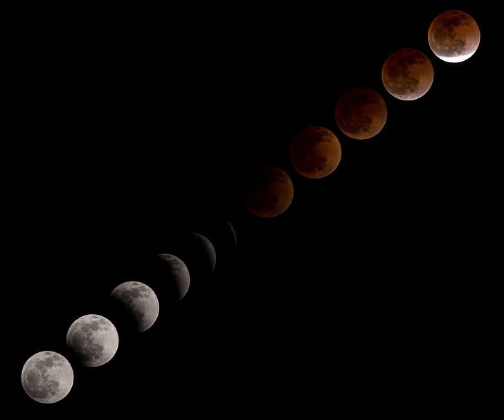 sânge moon, eclipsă de lună, secvenţă, faze, cer, astronomie, telescop
