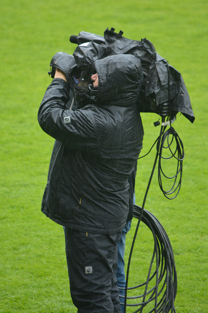 man, filming, camera, cameraman, job, people, rain