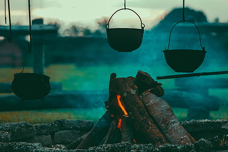 tégla, égő, kemping, közeli kép:, főzés, főzőedények, tűz