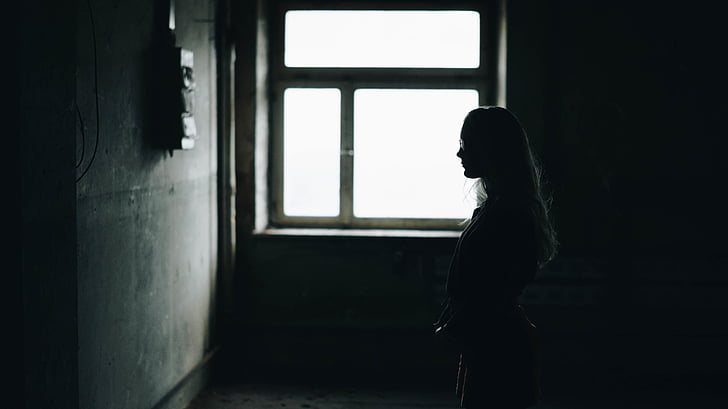 silhouette, woman, facing, wall, inside, room, black and white