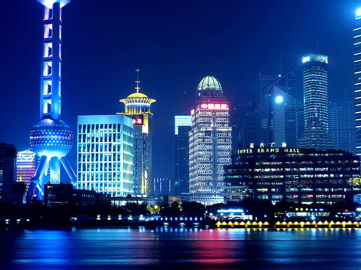 Шанхай, Східна перлина телевежа, нічний погляд, Китайська Народна Республіка, Річка, ніч, Архітектура