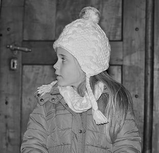 anak, Gadis, wajah, topi, pintu, musim dingin, dingin