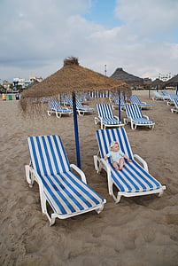 Beach, fant, otroka, modra, pesek, dežnik, Španija