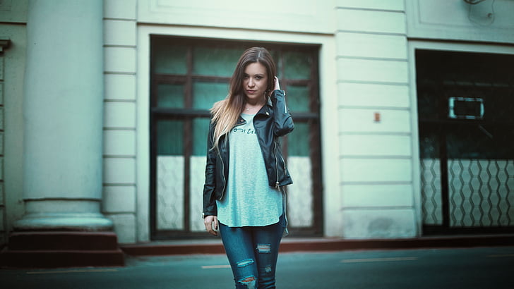 girl in leather jacket, beautiful, hair, model, person, view, long hair