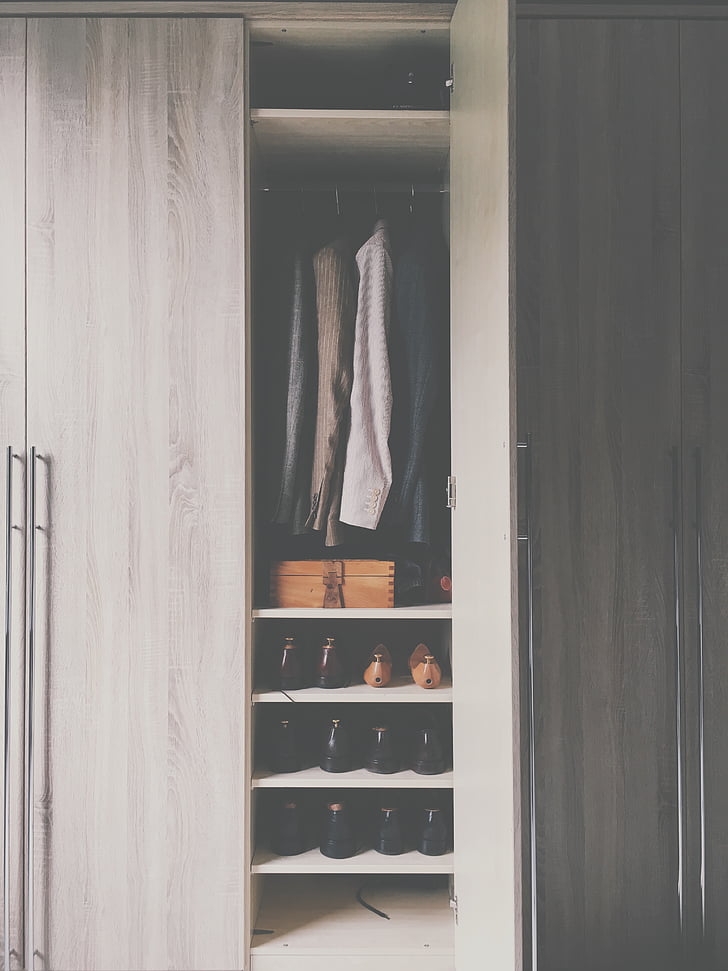 dress, shirts, gray, wooden, closet, door, shoe