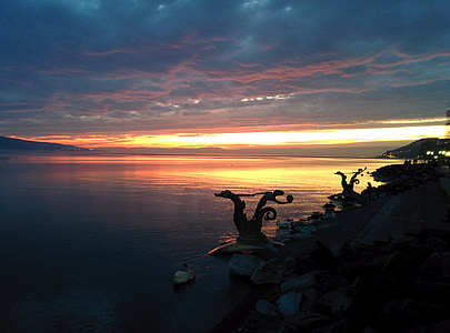 zonsondergang, Vevey, meer van Genève, Zwitserland