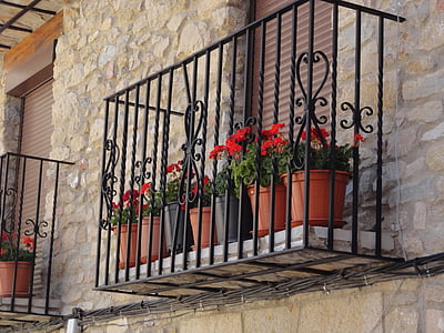 balkon, bunga, geranium, rumah, arsitektur