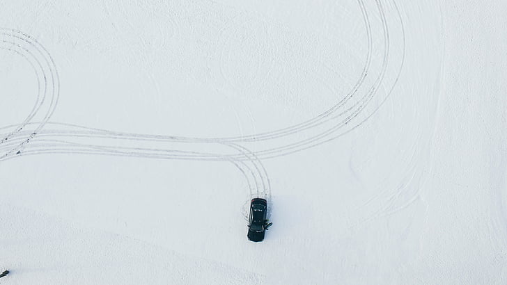 aerial, photography, black, car, leaving, trail, marks