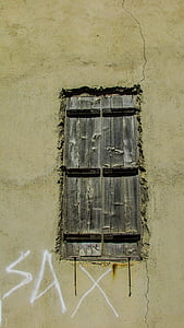 finestra, fusta, vell, envellit, resistit, gris, poble