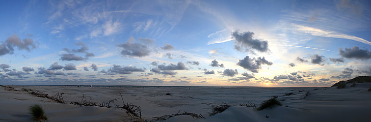 ηλιοβασίλεμα, Πανόραμα, Amrum, παραλία, το βράδυ, στη θάλασσα Wadden, Βόρεια θάλασσα