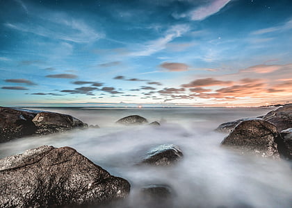 fog, foggy, long-exposure, ocean, rocks, sea, sky