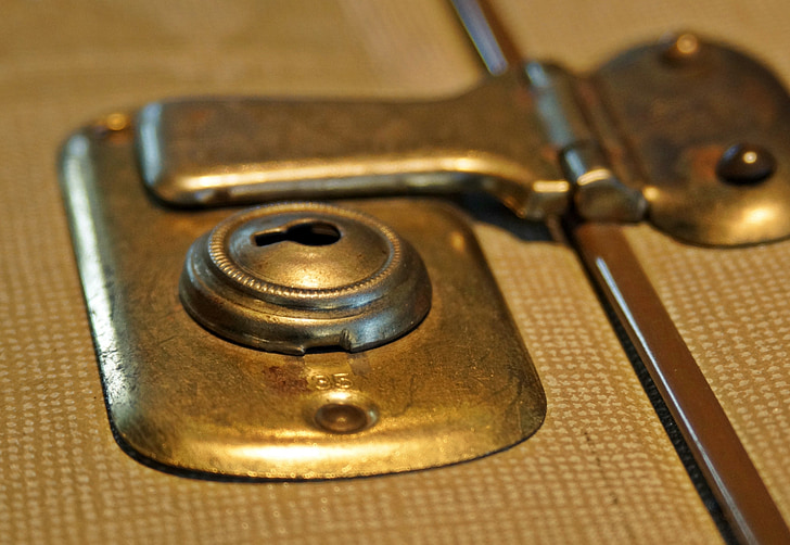 luggage, castle, closure, latch, old, brass