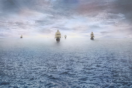 pirate, ship, ocean, pirate ship, horizon, dawn, journey