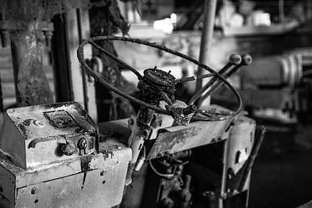 steering wheel, old, rusty, black and white, decay, steering, wheel