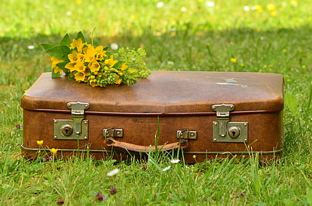 luggage, leather suitcase, old, nostalgia, nostalgic, bouquet, greeting