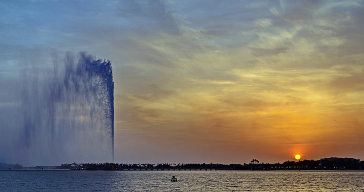 Jeddah, saudi-arabia, sjøen, Corniche, fontene, solnedgang