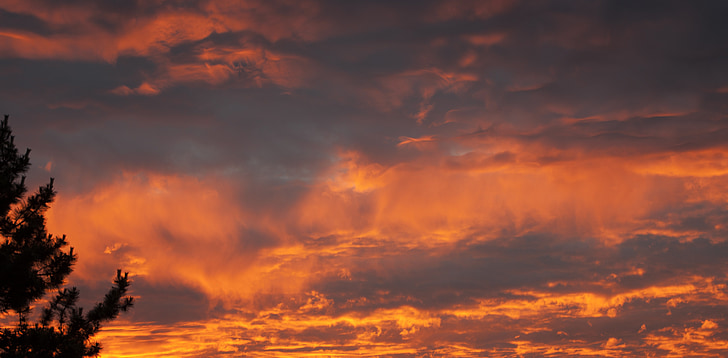 solnedgång, kvällen, Horisont, blixtrande himmel, moln, röd orange himmel, orange röd himmel