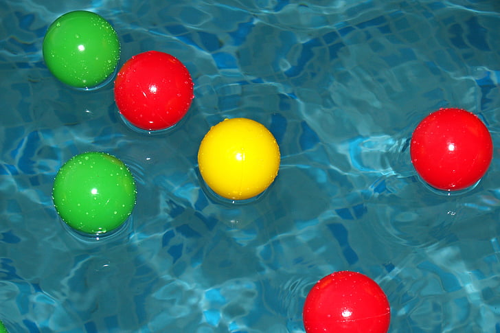 pool, simning, bollar, färgglada, flytande, vatten, blå