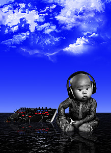 bayi, langit, Mar, tato, headphone, mendengarkan musik, DJ