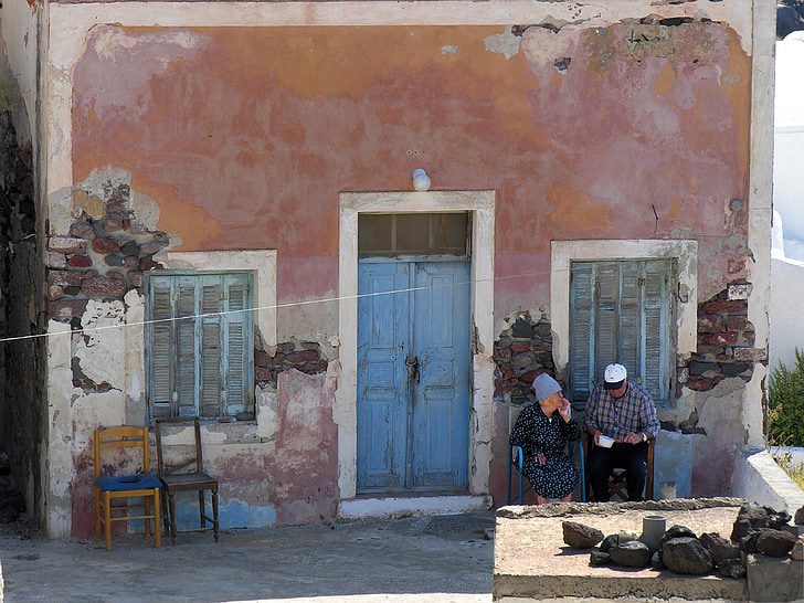 Kreeka, Santorini, Kreeka saare, paar, vana paar, vana maja, puudutades