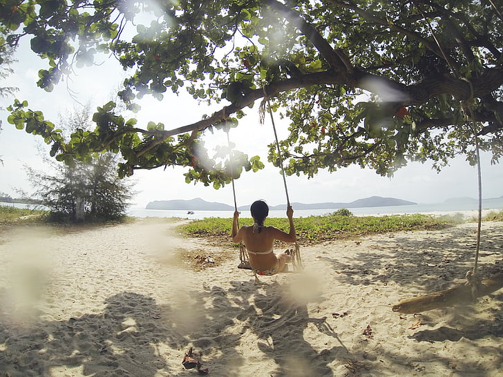 tropical beach, swing, tree, branches, leaves, sunshine, sand