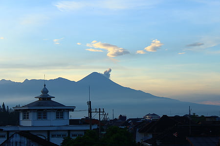 berg, ochtend, vulkaan, landschap, natuur, stad, krater
