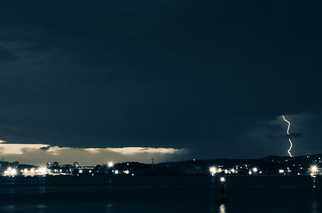 市, 雲, フラッシュ, ライト, 夜, 雨, 雷
