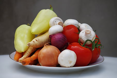 zelenina, pestrá, zdravé, paradajky, huby, paprika, paštrnák