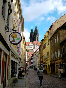 meissen, dom, towers, alley, cobblestones, row of houses, pushed