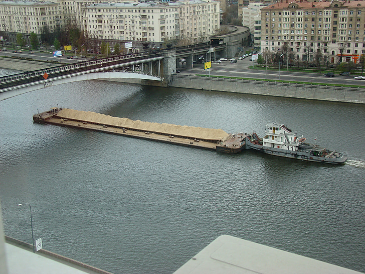 river, quay, the moscow river, barge, bridge