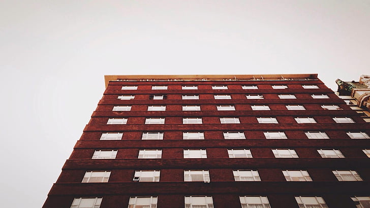 edificio, rojo, Apartamento, exterior, punto de vista, highrise, alta
