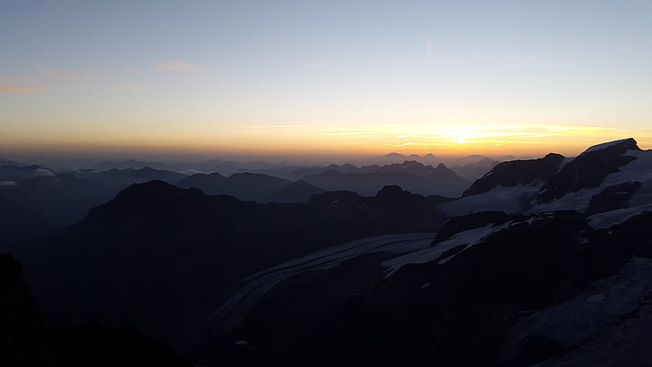 Napkelte, alpesi, csúcstalálkozó, Graubünden, Svájc, hegyek, magas hegyek