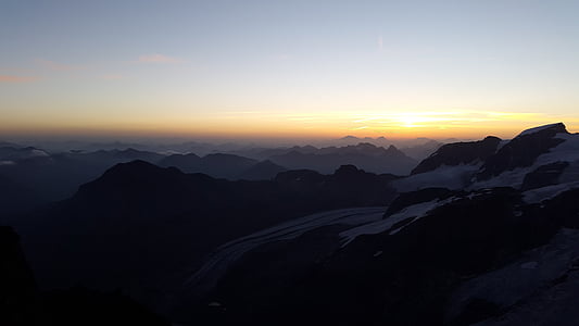 soloppgang, alpint, toppmøtet, Graubünden, Sveits, fjell, høyfjellet