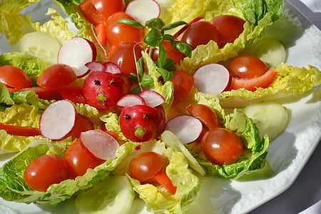 Salad, hỗn hợp, cà chua, dưa chuột, tảng băng trôi rau diếp, màu xanh lá cây, màu đỏ