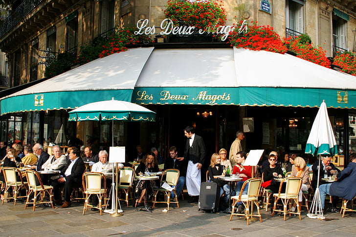 kaviareň, Paríž, Francúzsko, Les deux magots, Ulica, chodník, tabuľky