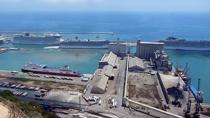 Port, Barcelona, csónakok, áruk, Katalónia, mediterrán, import