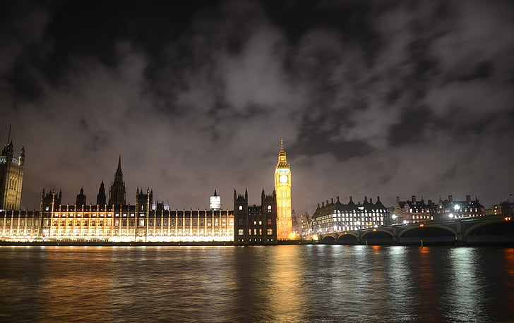 Big ben, Parlament, Londyn, noc, światła, odbicie, Miasto