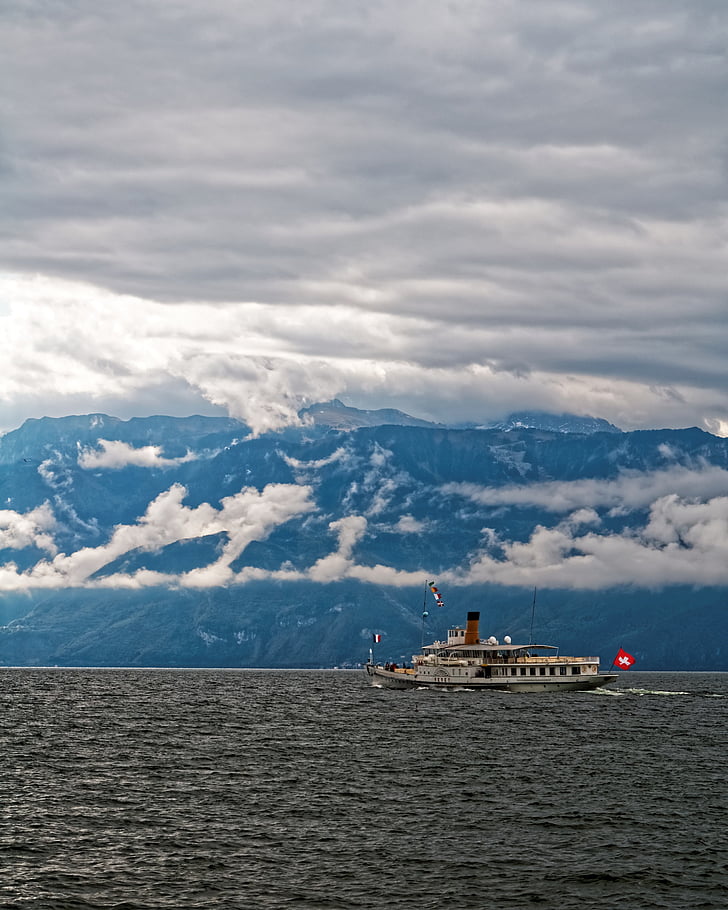 a Genfi-tó, Svájc, boot, Vaud, hegyek, kék, víz