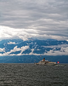 meer van Genève, Zwitserland, boot, Vaud, Bergen, blauw, water
