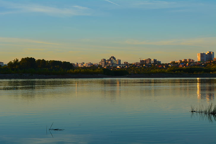 landscape, evening river, white river, sunset, river, reflection, cityscape