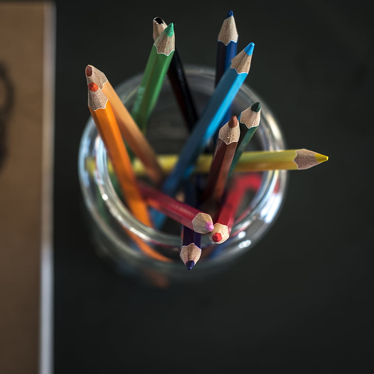 close-up, color pencils, colour pencils, square format, studio shot, black background, no people