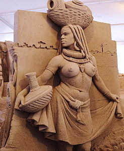 sand sculpture, artwork, mursi woman, young, vessel-bearer, sandworld, africa