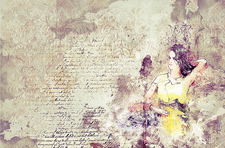 woman, dress, yellow, art, abstract, scrapbooking, vintage