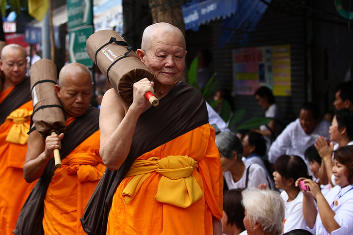 budistas, monges, pé, robes, laranja, Tailândia, Budismo
