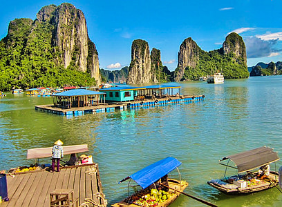 Halong bay, Vietnam, apa, Munţii, nave, barci, pitoresc