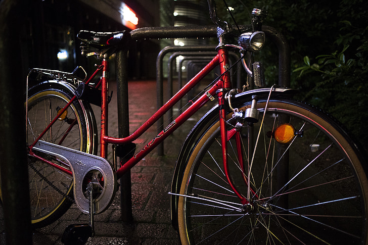 velosipēds, naktī, sarkana, velosipēda stends