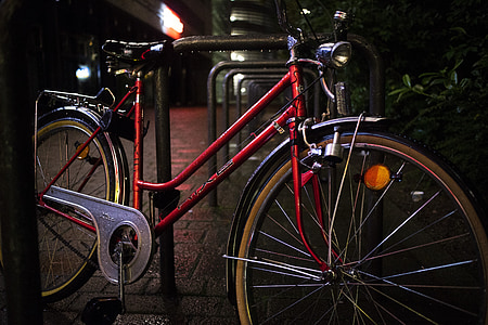 kerékpár, éjszaka, piros, kerékpár állvány