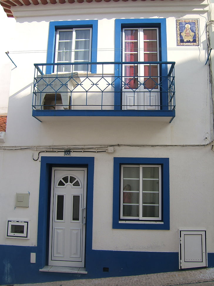 casa, Branco, azul, porta, janela, Portugal, arquitetura