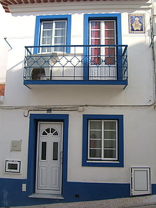hus, vit, blå, dörr, fönster, Portugal, arkitektur